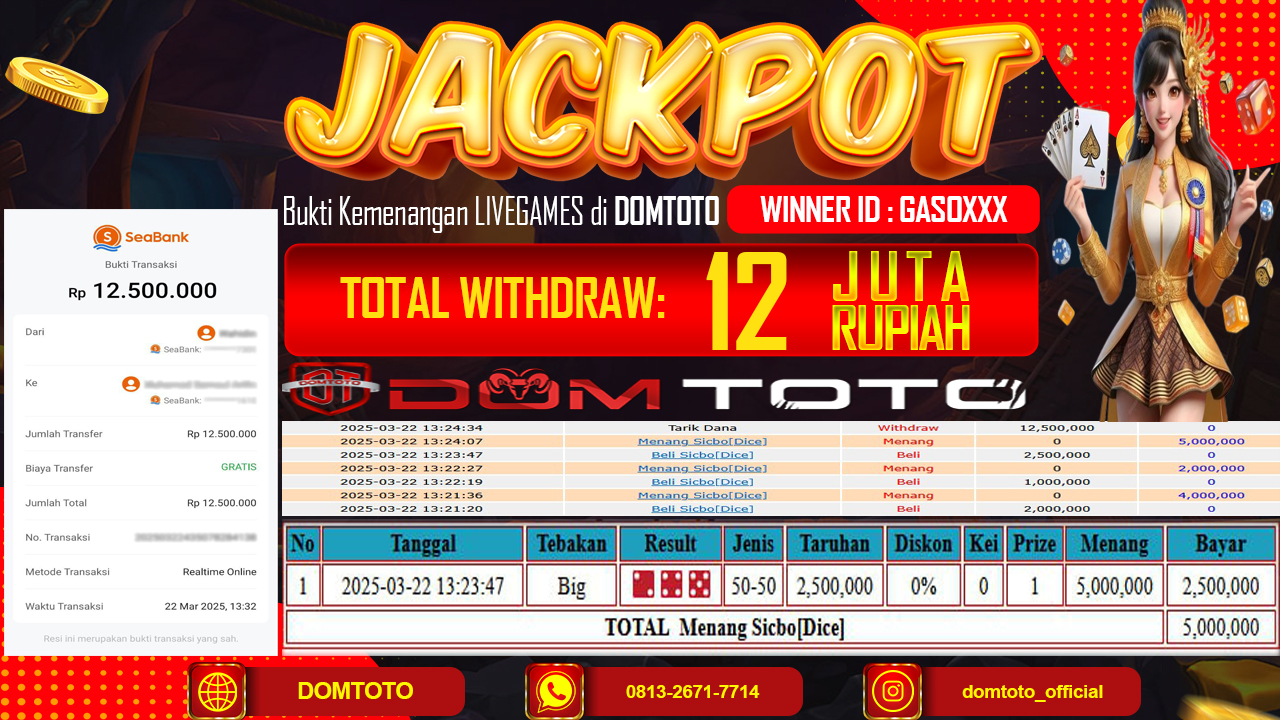 JACKPOT LIVEGAMES SICBO [DICE] 22 MARET 2025